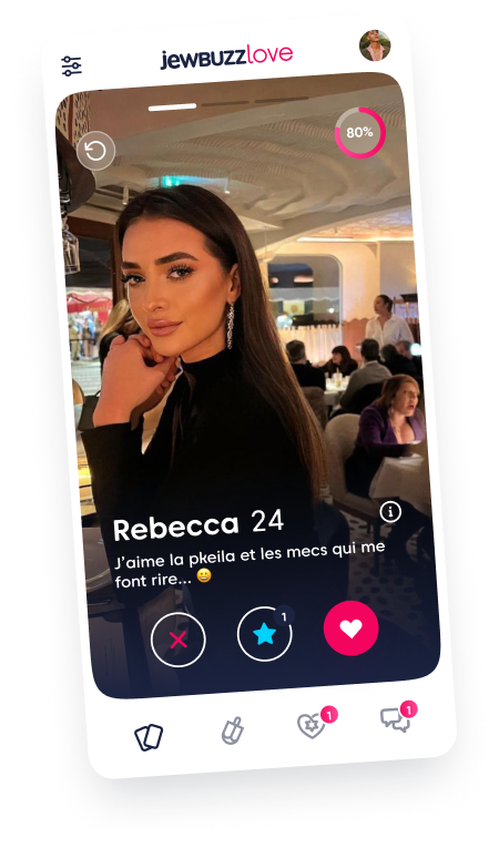 Écran de l'application jewbuzz Love — profil Rebecca